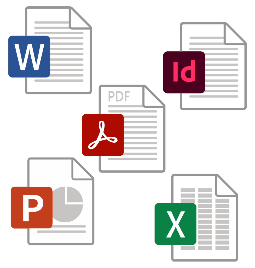 Four different document file types. PDF, Word, PowerPoint, and Indesign file types.
