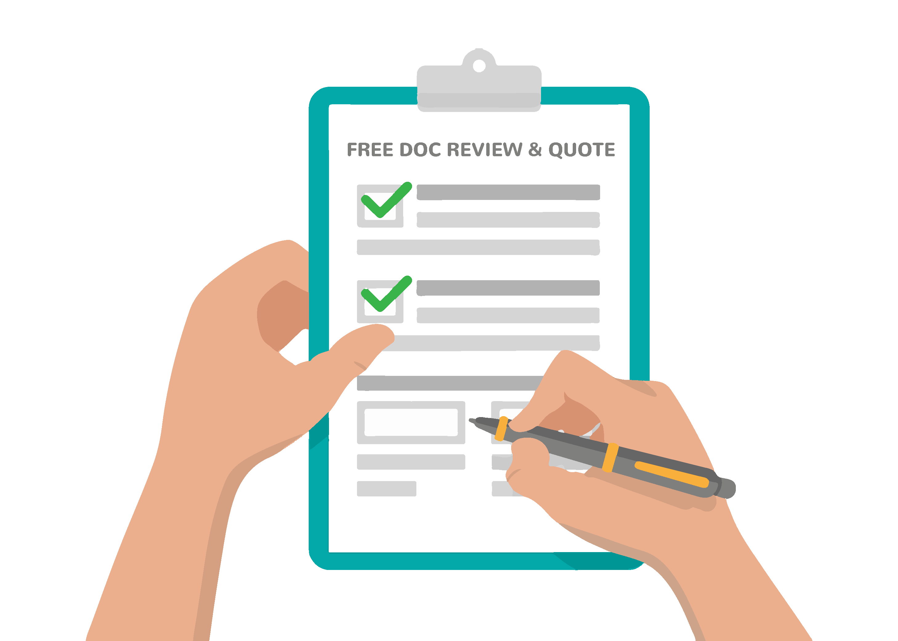 Hands holding a clipboard with a free doc review and quote form.