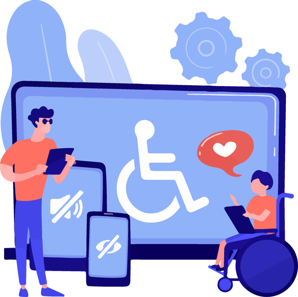 Two disabled people using tablet computers with assistive technology.