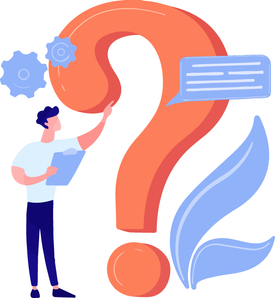 A man with a clipboard pointing at a question mark.