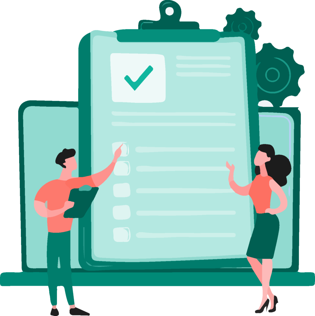 Two people point at a form on a clipboard.