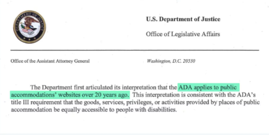 A screenshot of the DOJ letter to Congress stating that "ADA applies to 'public accommodations' websites over 20 years ago".