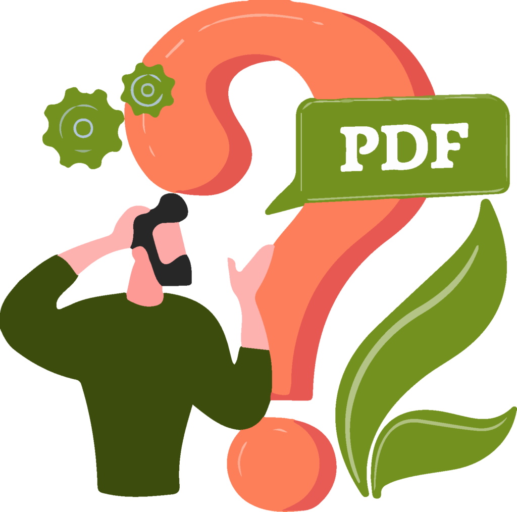 A bearded men who has his hand on his head in confusion with a large question mark beside him and PDF inside a speech balloon.