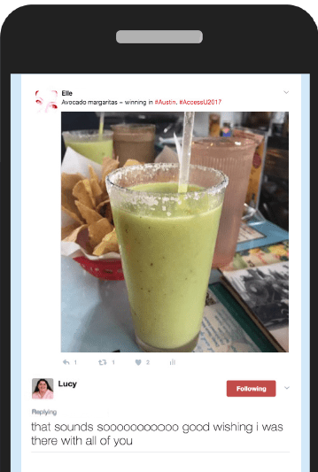 Twitter image post of avocado margarita just described, with comment from "Lucy: that sounds sooooooo good wishing i was there with all of you!"