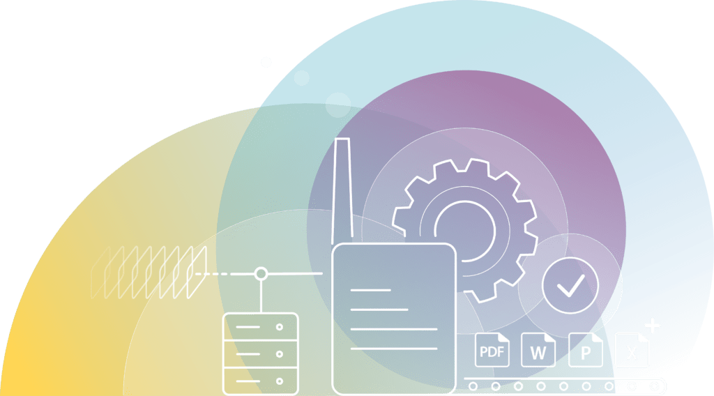 Various document icons of PDF, Word, PowerPoint with them coming out of a document factory.