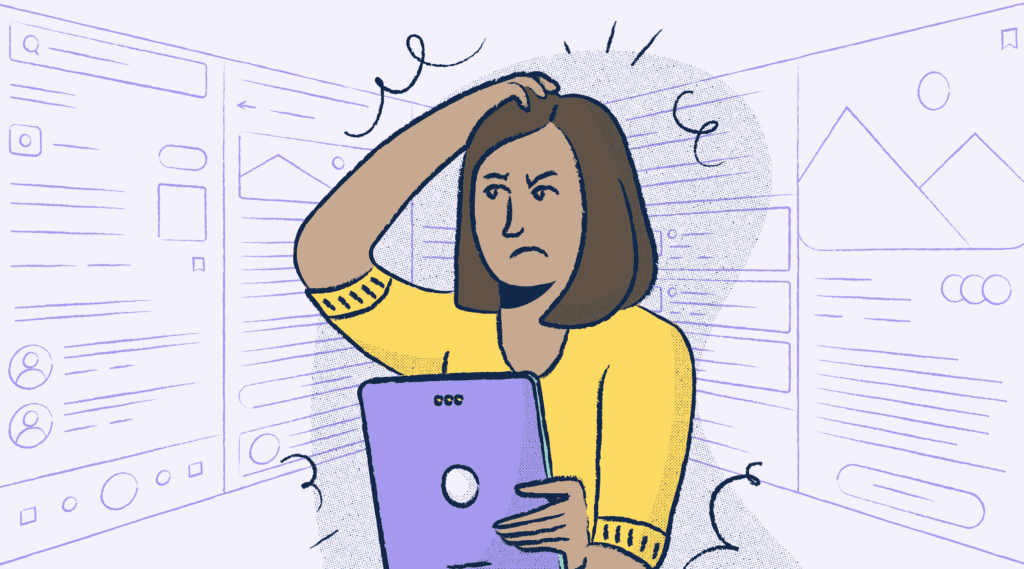 Illustration of a confused woman in a yellow shirt scratching her head while holding a laptop, surrounded by chaotic floating documents and icons.