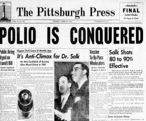 The Pittsburgh Press newspaper frontpage headline "Polio is Conquered" from April 12, 1955.