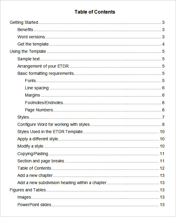 A sample list of a document's table of contents.