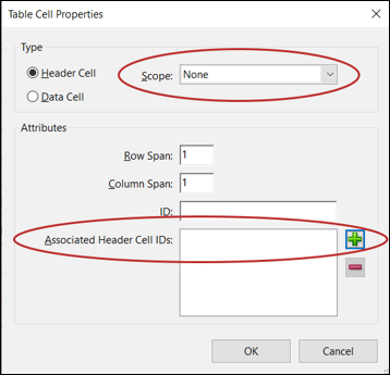 Adobe Acrobat table cell properties dialog box.