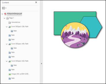 Adobe Acrobat content panel with XObject highlighted.