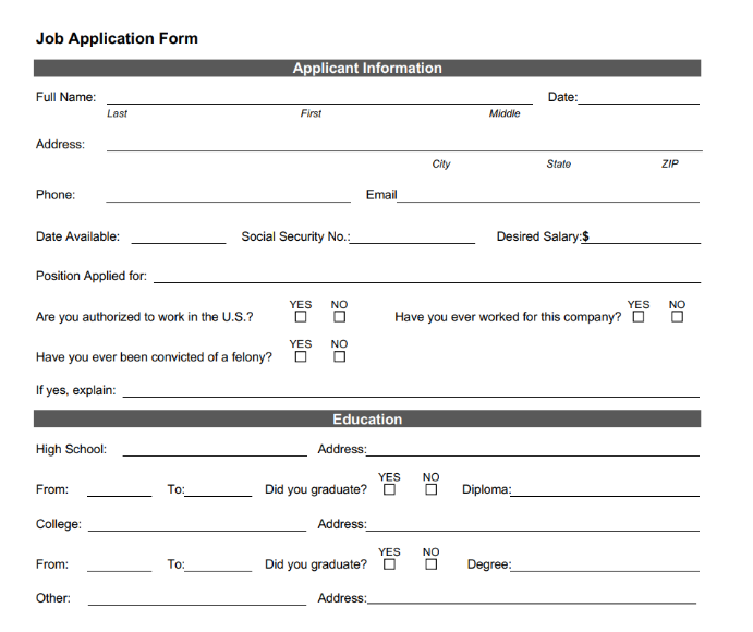 Job application form with instructions left and beneath the form fields. 