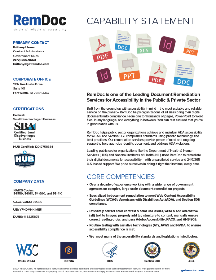 Screenshot of RemDoc's Capability Statement.