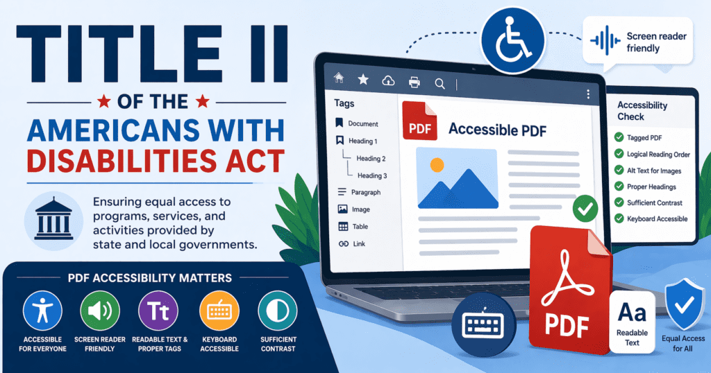 Illustration of ADA Title II highlighting accessible PDFs on a laptop with tags, reading order, and accessibility checks like alt text, contrast, and keyboard access.